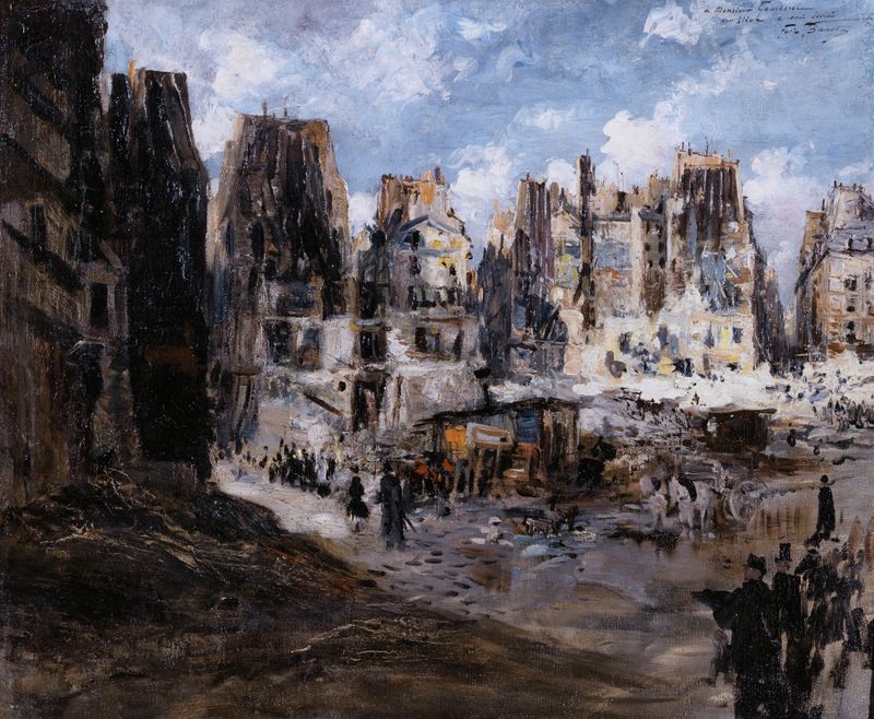 Genre scene depicting a Parisian afternoon by Félix Hilaire Buhot, oil painting