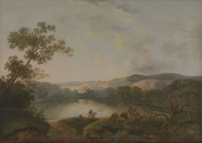 Paisaje con siluetas de pescadores en un lago, pintura al óleo de William Groombridge