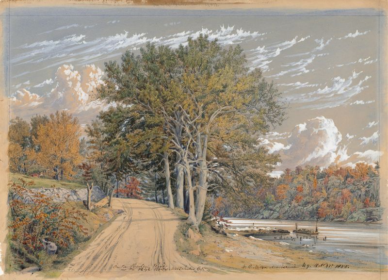 On the Harlem River, pintura a óleo de William Rickarby Miller, retratando barcos ao pôr do sol.