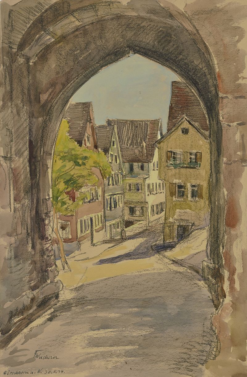 Hirschhorn am Neckar de Fritz Wucherer, óleo sobre lienzo que representa un paisaje sereno del río.