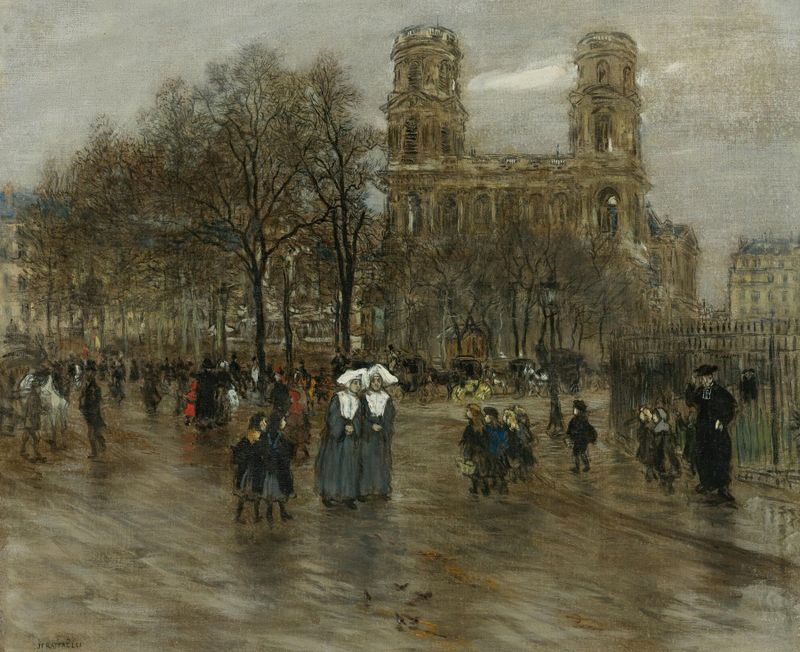 Cena de gênero representando Place St. Sulpice, Paris de Jean François Raffaëlli, pintura a óleo