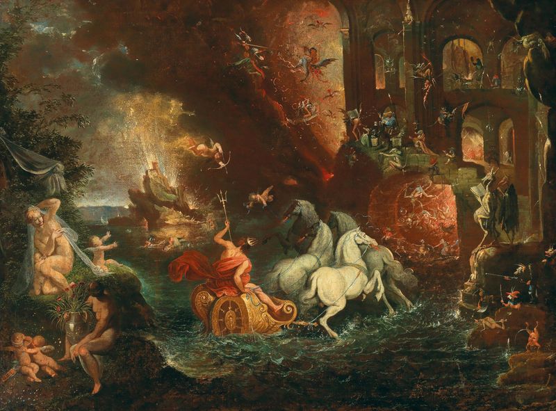 Cena fantástica com Vênus, Cupido e Netuno em seu carro, pintura a óleo, Escola dos Países Baixos