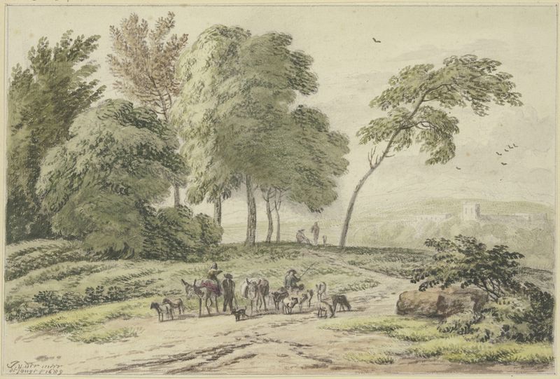 Genre scene with two donkey drivers among trees, oil painting by Jan Vermeer van Haarlem the Elder