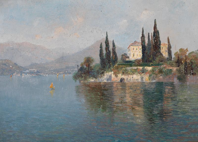 Oil painting by Emilie Mediz-Pelikan featuring Villa Cipressi surrounded by cypress trees.