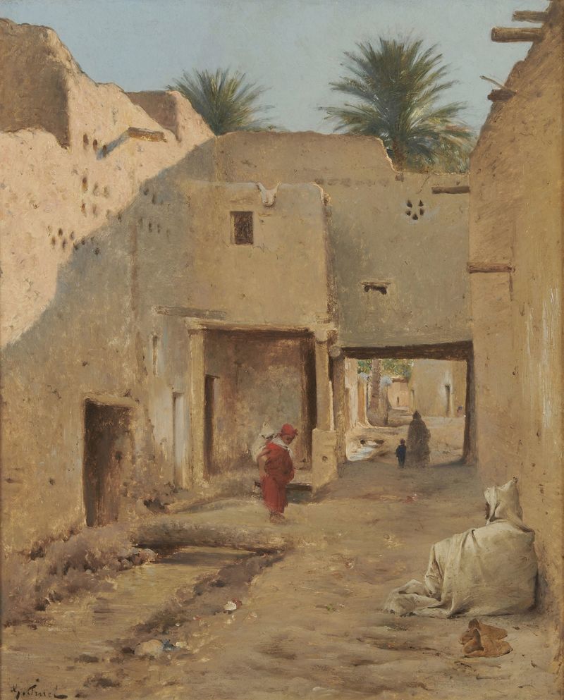 Escena de género que muestra figuras paseando bajo árboles en suaves colores de Gustave Nicolas Pinel