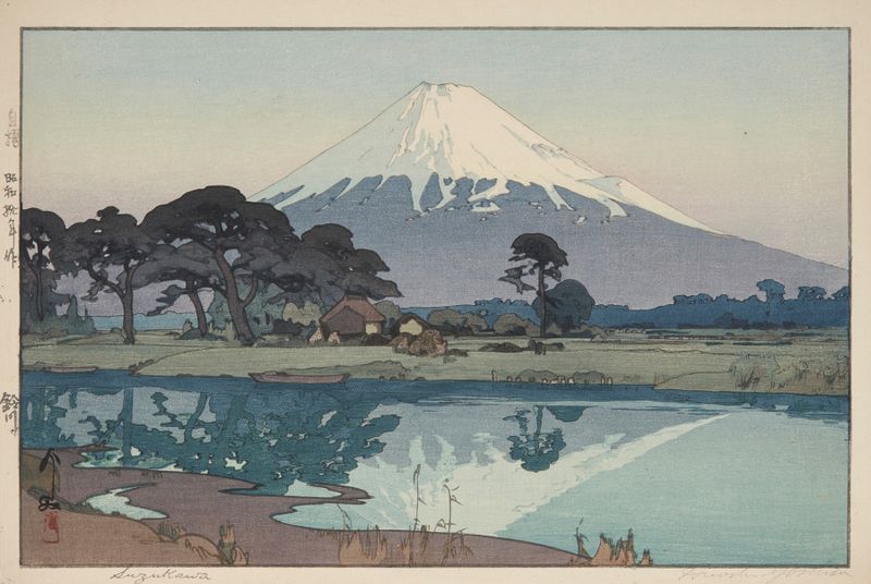 Suzukawa, una xilografía de Yoshida Hiroshi que representa una tranquila orilla de río con árboles.