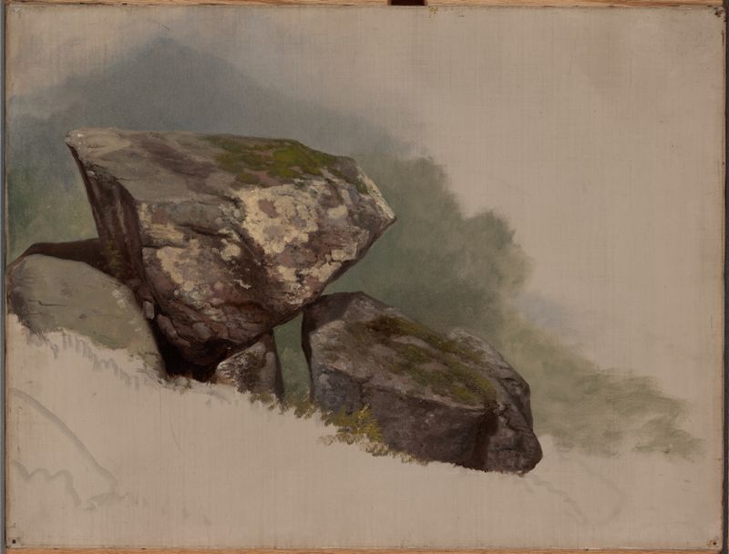 Study of a Rock, óleo sobre tela de Asher Brown Durand, apresentando rocha texturizada e jogo de luz.