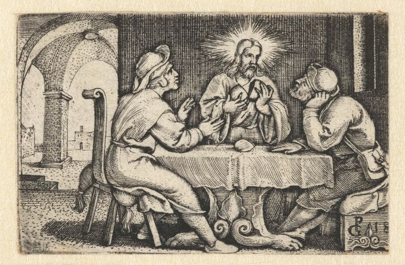 Gravura de Georg Pencz mostrando Cristo com os discípulos em uma refeição, iluminada pela luz.