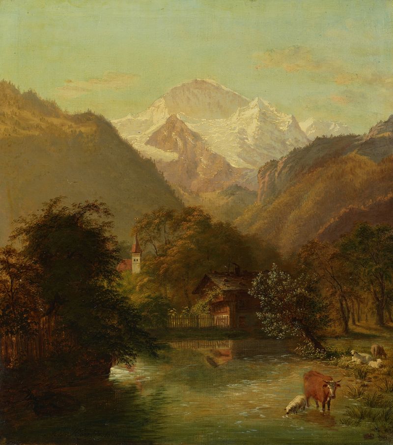 Pintura a óleo de paisagem de Georg Rudolf König mostrando a montanha Jungfrau e um vale sereno
