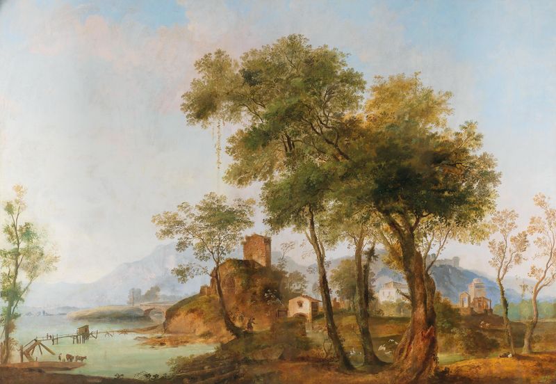 A bucolic river landscape by Giuseppe Bernardino Bison, oil painting