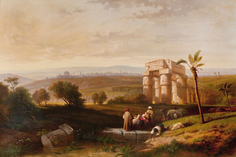 Paisagem com pirâmides, tons ocre e cerúleo de Ferdinand Joseph Bernard Marinus