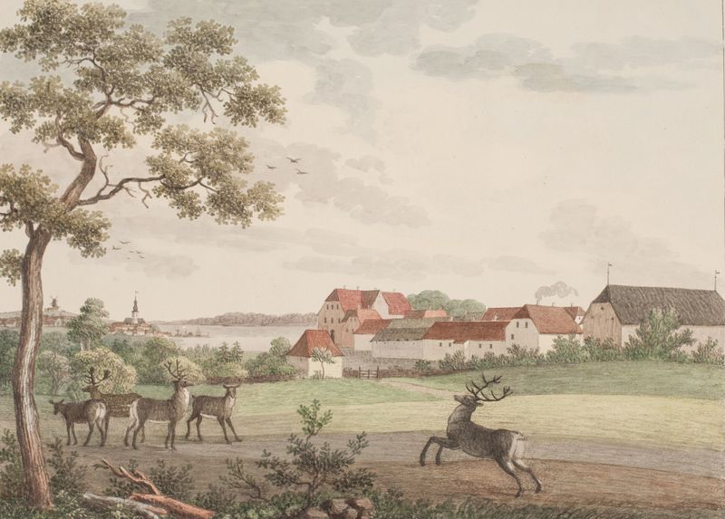 Paisagem de Bygholm ved Horsens de Søren L. Lange, pintura a óleo com água e nuvens.