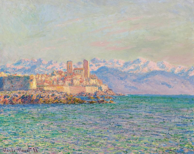 Cena marinha com ondas e uma fortaleza, pintura a óleo de Claude Monet