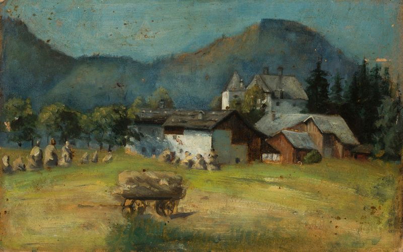 Landscape from Tyrol, oil on canvas by Marie Ibsen Jensen, featuring gentle hills and a serene atmosphere.