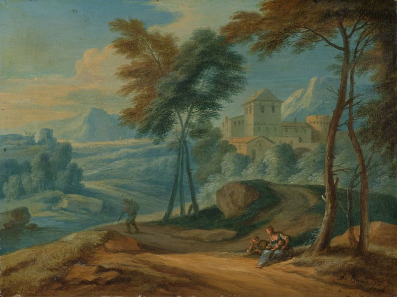 Paisaje italiano boscoso con figuras, pintura al óleo de Frans Boudewyns