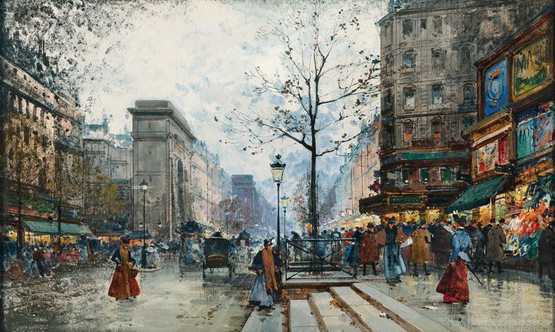 Oil painting of La Porte Saint-Denis arch in Paris by Eugène Galien-Laloue