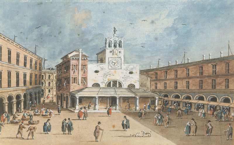 Escena de género que representa un mercado en San Giacomo di Rialto de Giacomo Guardi, pintura al óleo