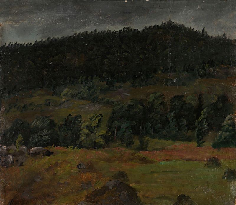 Landscape Study II de Knud Baade, óleo sobre lienzo, que representa un paisaje sereno con luz y sombra suaves.