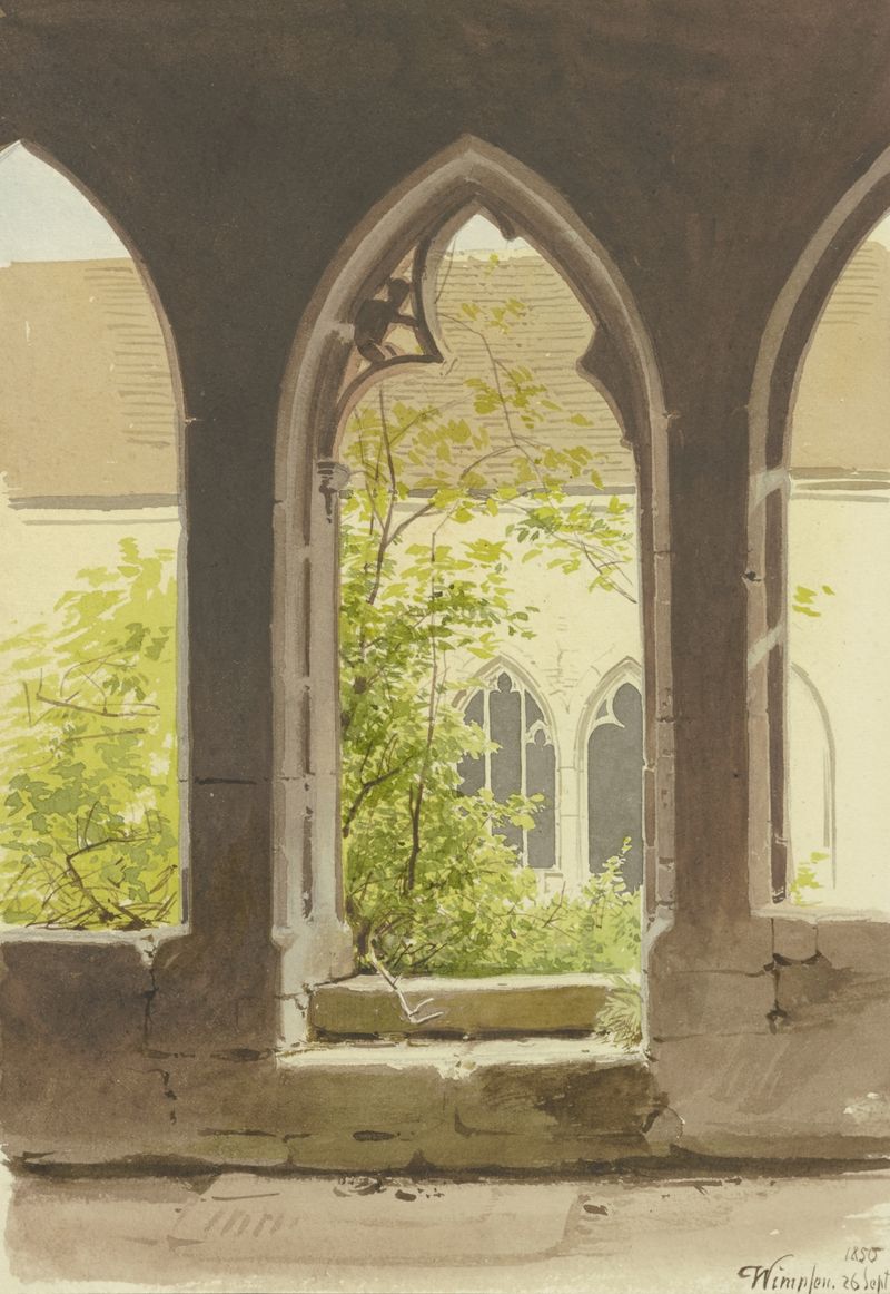 Cloister courtyard scene by Carl Theodor Reiffenstein, oil painting