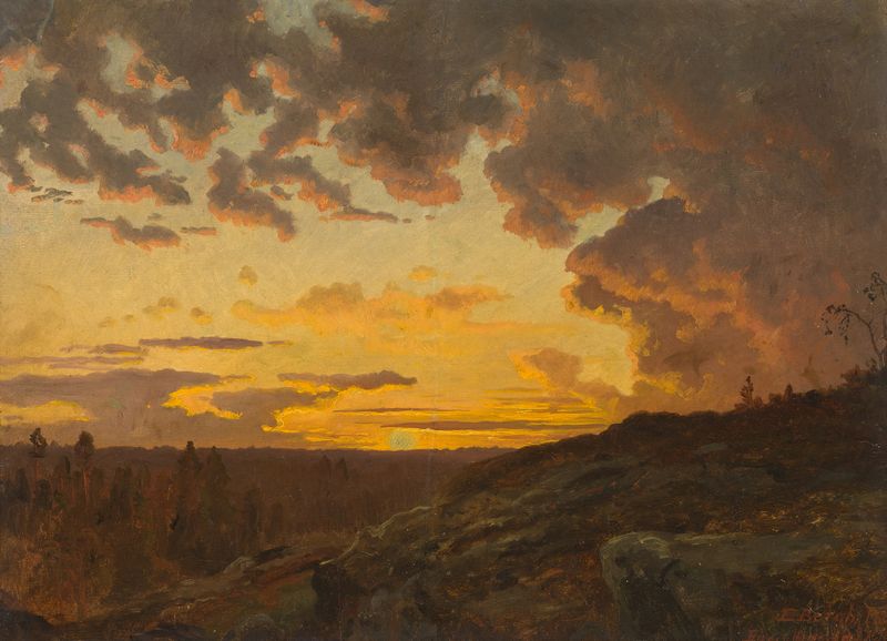 Sunset. Sketch by Edvard Bergh, depicting a vibrant sunset landscape in unknown medium.