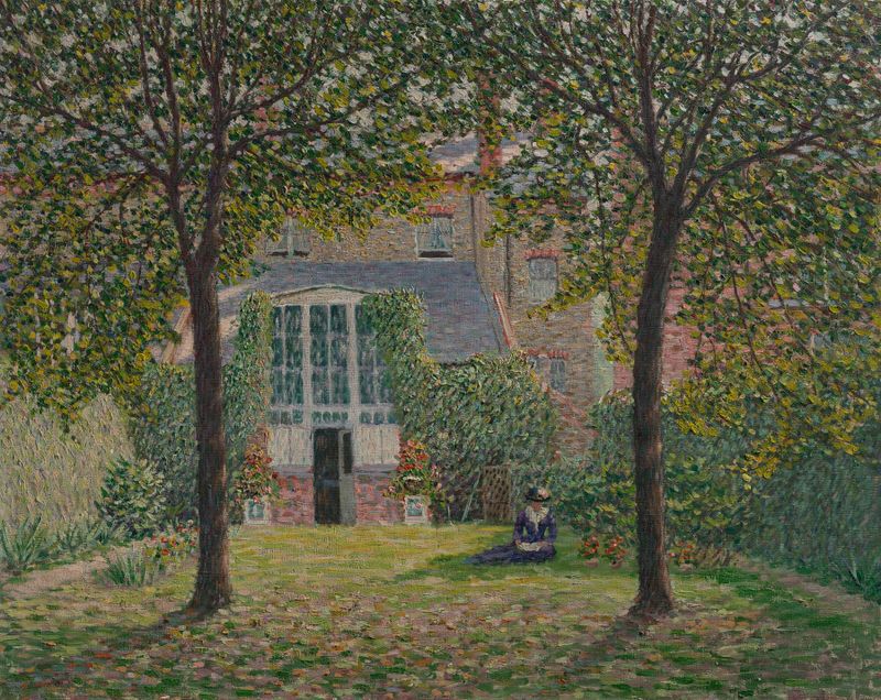 Paisaje de El Jardín Trasero de Wynford Dewhurst, pintura al óleo con flores y una cabaña.