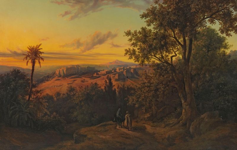 Blick auf Bethlehem mit Flucht nach Ägypten de Otto Georgi, pintura a óleo de Maria e o menino Jesus.