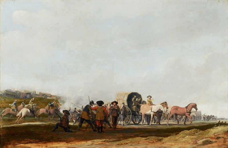 Cena histórica de soldados em conflito, pintura a óleo de Pieter Post