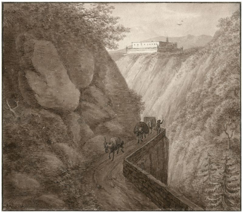 Kasteel Bellegarde gezien vanaf een bergpas de Otto Howen, pintura a óleo que retrata um castelo em uma paisagem montanhosa.