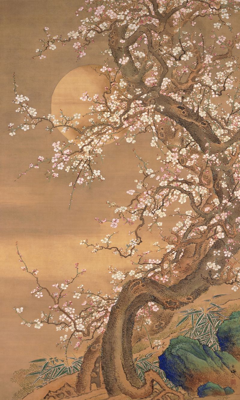 Flores de ciruelo rosa y blanco bajo la luz de la luna, tinta sobre seda de So Shizan
