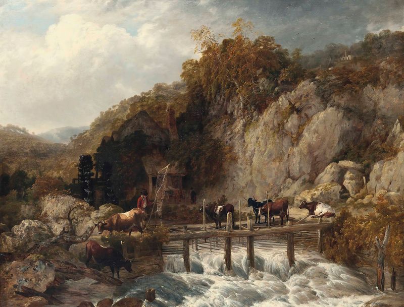 Landscape of Umberleigh Mill by Thomas Sidney Cooper, 1830, depicting a river and mill.