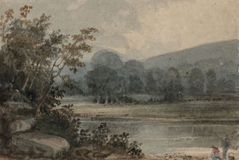 River scene de Henry Kirke Brown, pintura a óleo que retrata um rio tranquilo com luz solar filtrada.