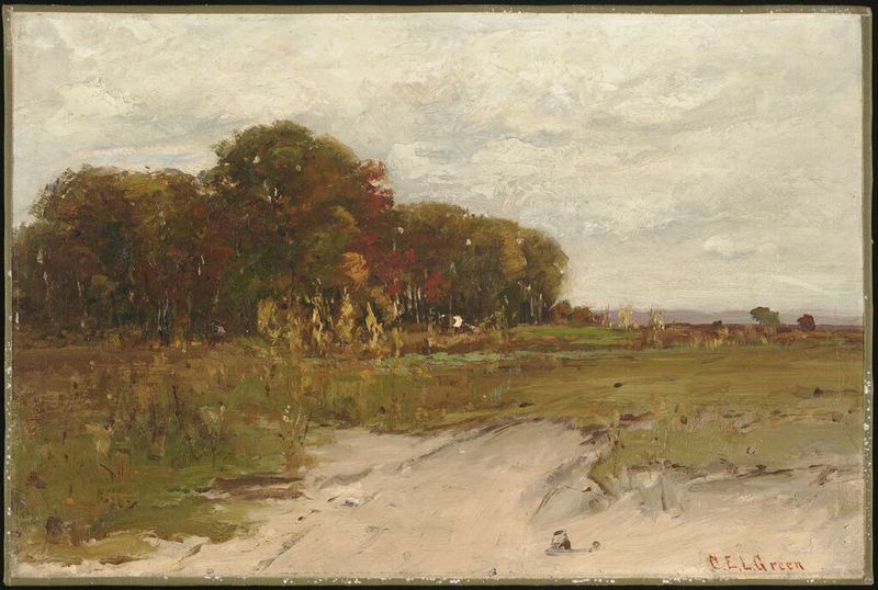 Landscape by Charles Edwin Lewis Green, oil on canvas depicting a moody natural scene with clouds.