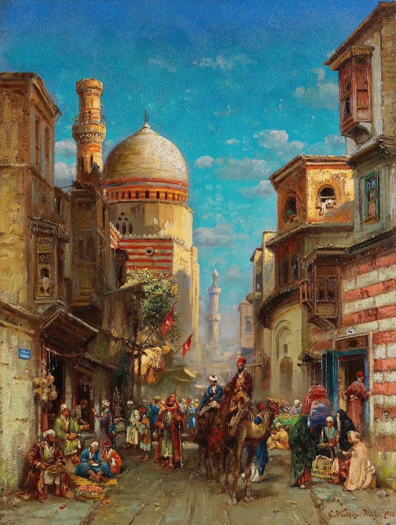 Genre scene depicting figures near the Kai-Bey Mosque in Kairo, oil painting by Carl Wuttke.
