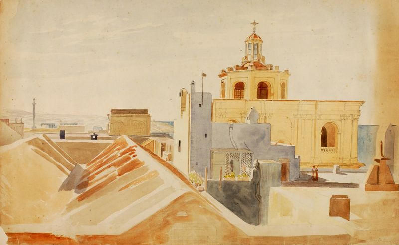 Paisaje de Malta con aguas azules vibrantes, pintura al óleo de Miner Kilbourne Kellogg
