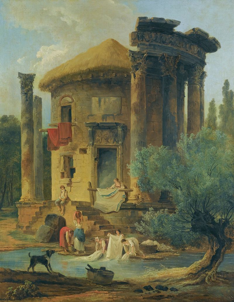 Lavadeiras à beira do rio, óleo sobre tela de Hubert Robert