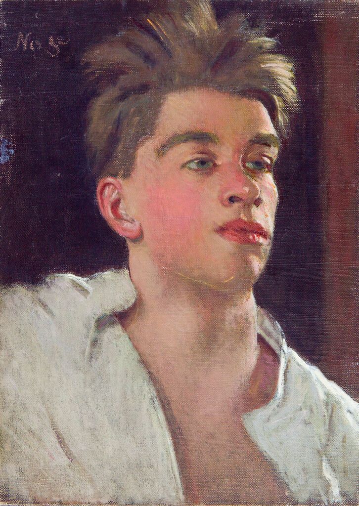 Pintura figurativa al óleo de Denman Waldo Ross con intrincados pinceladas y colores vibrantes.