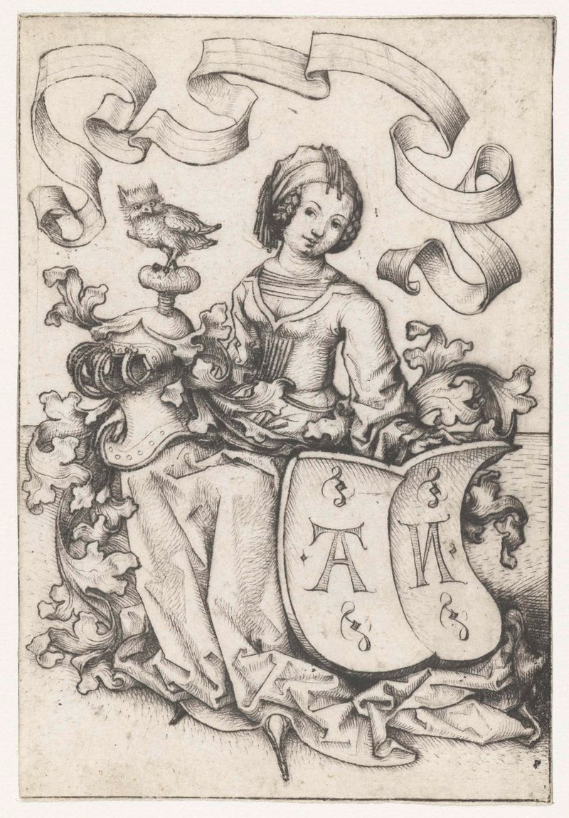 Portrait of a woman with an owl and a shield, drypoint by Meester van het Amsterdamse Kabinet