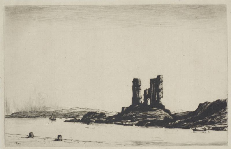 Castle Moyle by David Young Cameron, oil painting depicting a castle silhouette against a vibrant horizon.