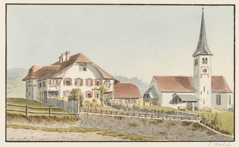 Paisagem de uma aldeia cercada por colinas, pintura a óleo de Jakob Samuel Weibel