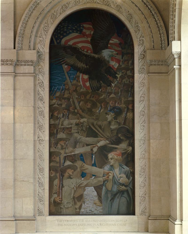 Entering the War de John Singer Sargent, óleo sobre tela, retrata um soldado em uma paisagem de guerra.