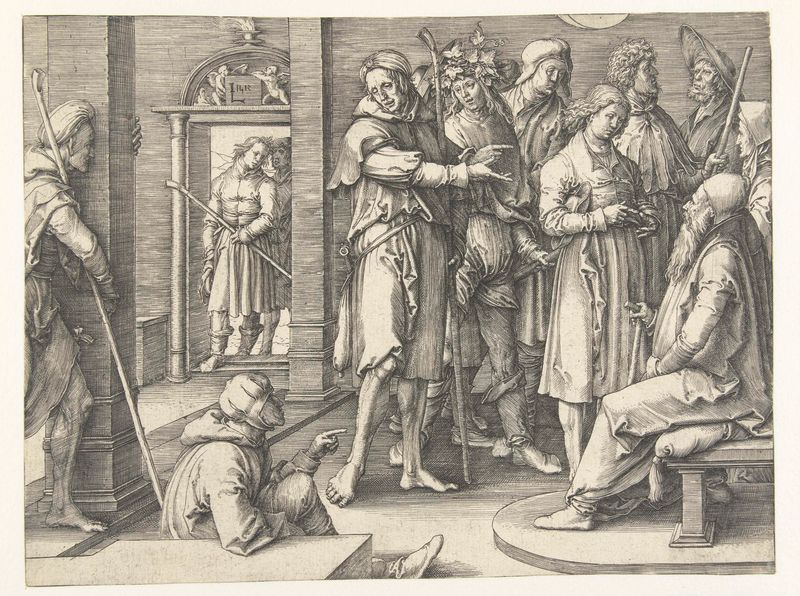 Gravura de Lucas van Leyden mostrando Jozef compartilhando sonhos com Jakob em luz suave