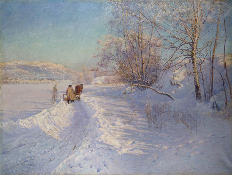 A Winter Morning after a Snowfall in Dalarna by Anshelm Schultzberg, oil on canvas depicting a tranquil snowy landscape.