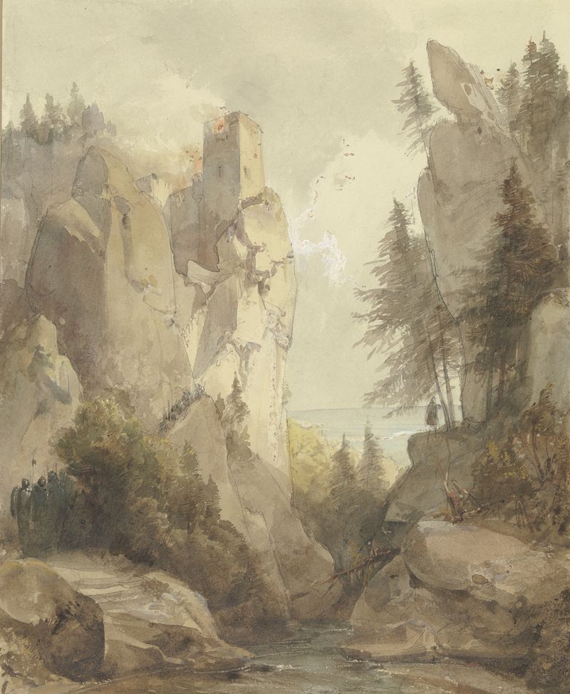 Landscape with a burning castle on a rock by Caspar Scheuren, oil painting