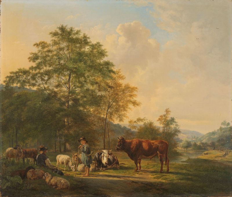 Hilly landscape with shepherd and cattle, oil painting by Pieter Gerardus van Os