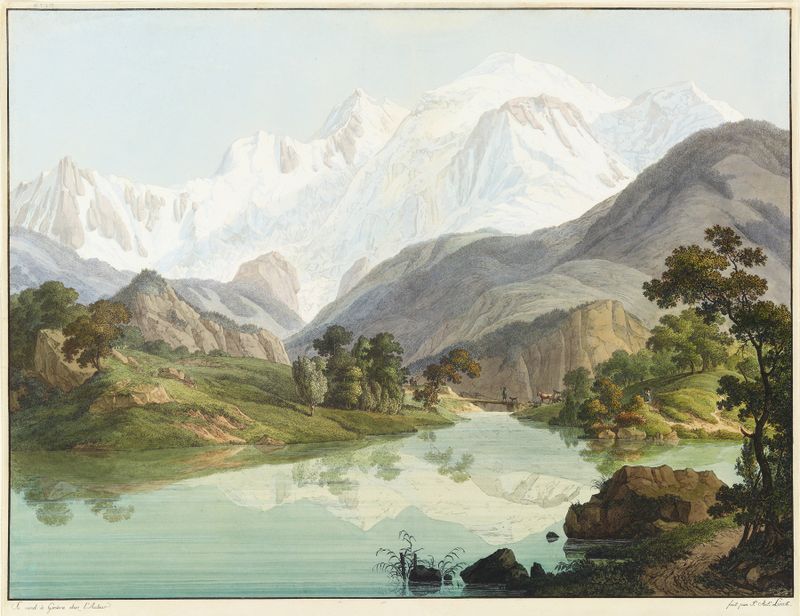Vue du Lac de Chede, et du Mont-Blanc by Jean-Antoine Linck, oil on canvas depicting a serene lake and mountain.