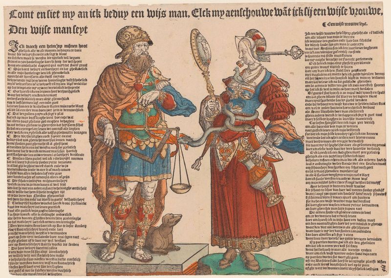 Retrato de um homem e uma mulher sábios, óleo sobre painel de Cornelis Anthonisz