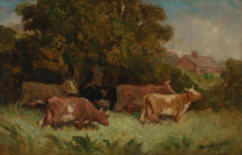 Cinco vacas pastando em um pasto, óleo sobre tela de Edward Mitchell Bannister