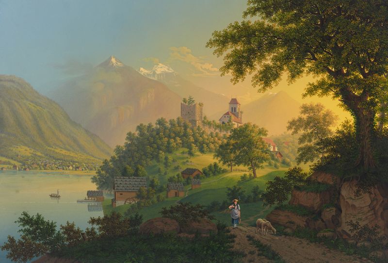 Landscape of a tranquil lake with mountains and clouds by Johann Heinrich Bleuler the Younger, oil painting.
