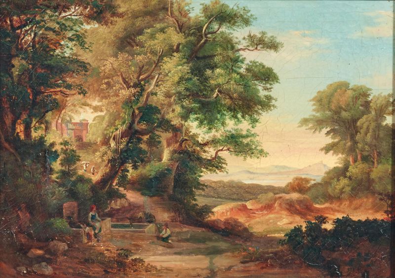 Resting by the Fountain, óleo sobre lienzo de Massimo D’Azeglio circle, que representa una figura junto a una fuente suave.