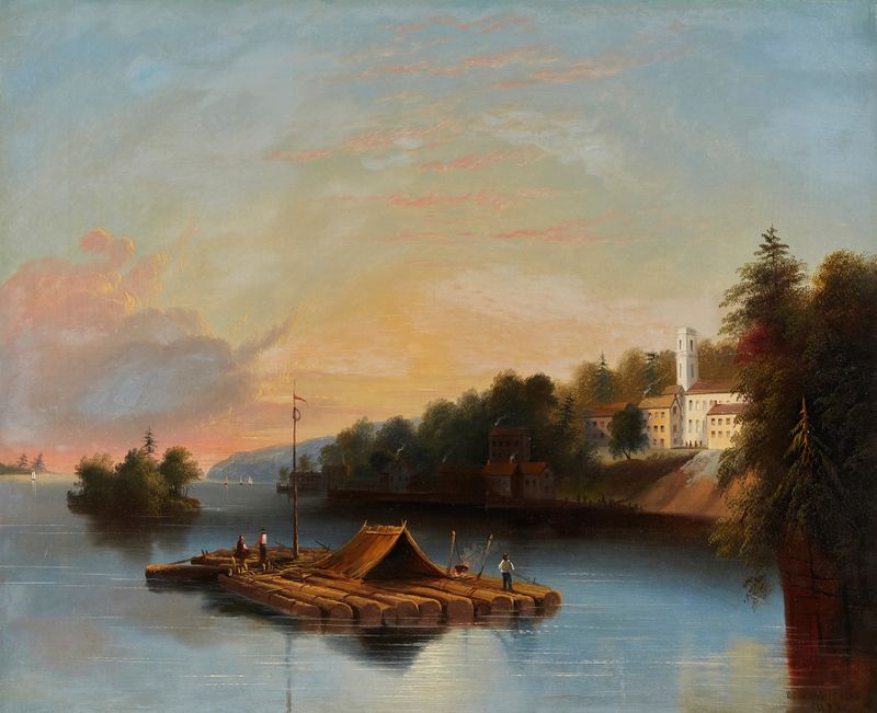 Rafting on the Saint Lawrence de Edmund C. Coates, pintura a óleo que retrata uma cena tranquila de rio.